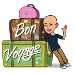 Bitmoji standing next to suitcases, waving Bon Voyage!