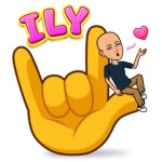 Bitmoji sitting on a giant hand that is signing ‘I Love You’. 